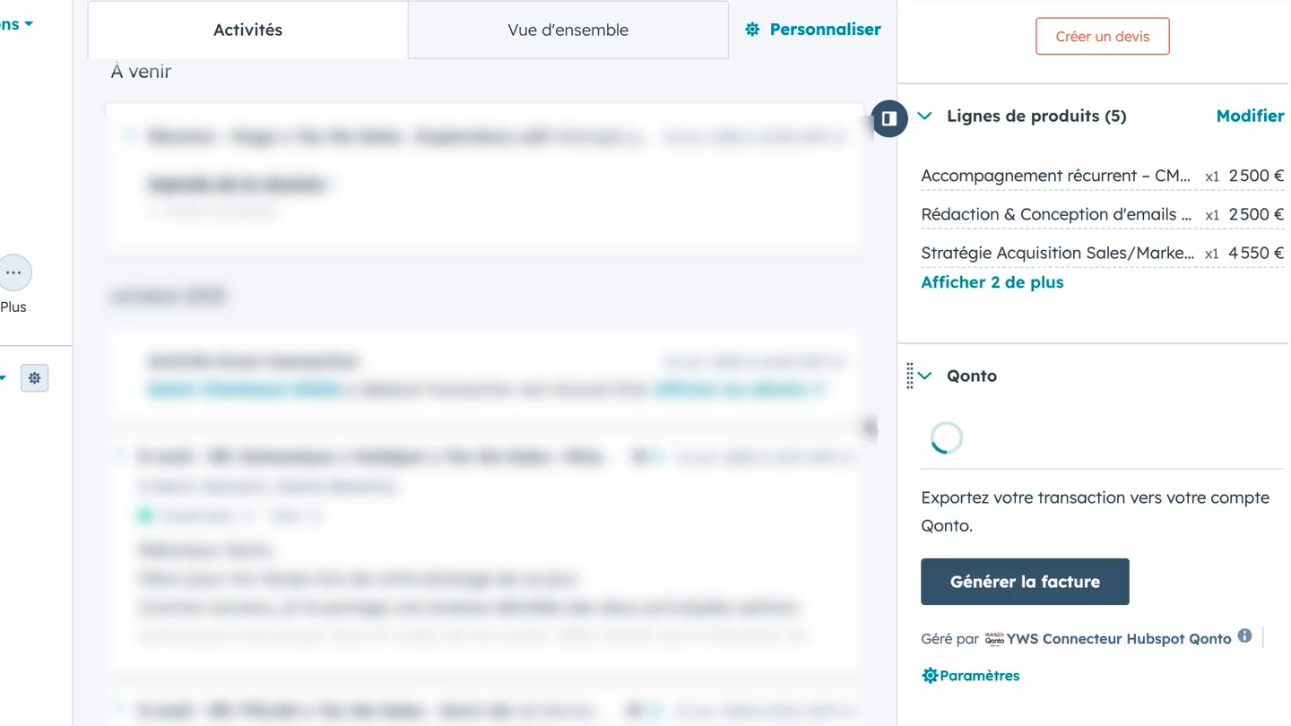 Génération d'une facture Qonto à partir d'une transaction reprenant les lignes de produits HubSpot